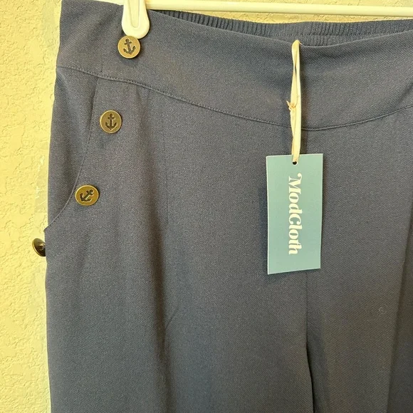 NWT Modcloth Navy Blue Nautical Wide Leg Pull on Trousers - Size Large - Picture 7 of 8